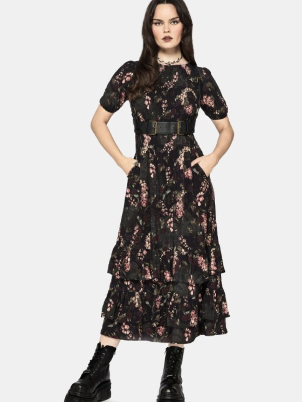 Noctua Owl Foxglove Printed Tiered Midaxi Dress